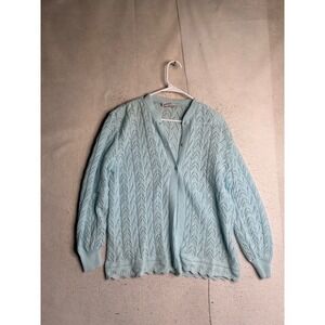 VTG Simon Baby Blue Pointelle Knit Cardigan Sweater Made in Italy Wool Blend